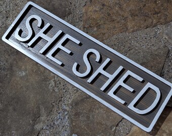 She Shed Sign, Driftwood Gray Wood, White Letters, 3'x11"