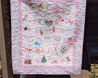 Handmade Baby Girl Quilt, Alphabet Quilt,  Minky Plush Backing, Pink Cuddle Blanket (46" x 54")