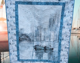 Handmade Quilt, City Harbor Quilt, Boat and Harbor Views  on a Quilt, Throw Size