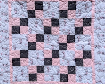 Minnie Mouse Quilt, Crib Size Baby Quilt, Handmade Quilt with Minnie, Flannel Backing