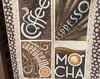 Coffee Espresso Handmade Quilt, Large Throw Quilt with Coffee Theme, Wall Hanging