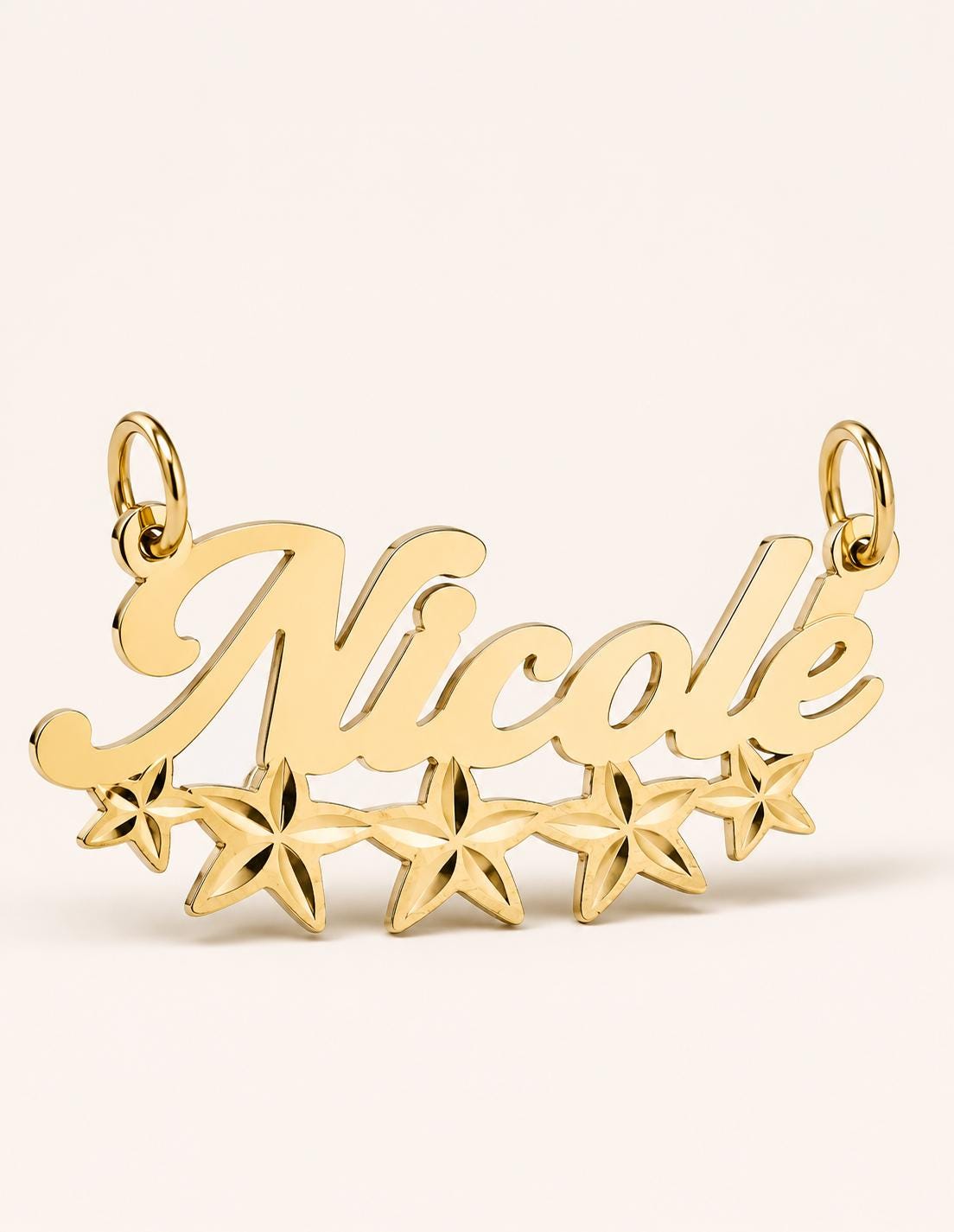 Solid 10K 14K Gold Diamond Cut Stars Nameplate Necklace, Personalized Script Jewelry