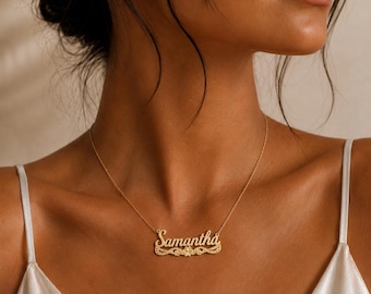 Flower Name Necklace, Personalized Name Necklace, Custom Nameplate Necklace, Gold Name Necklace, Floral Jewelry Gift