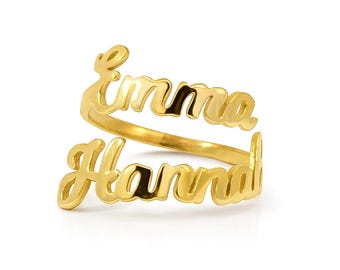 Personalized Double Name Ring: Adjustable Sterling Silver or Gold