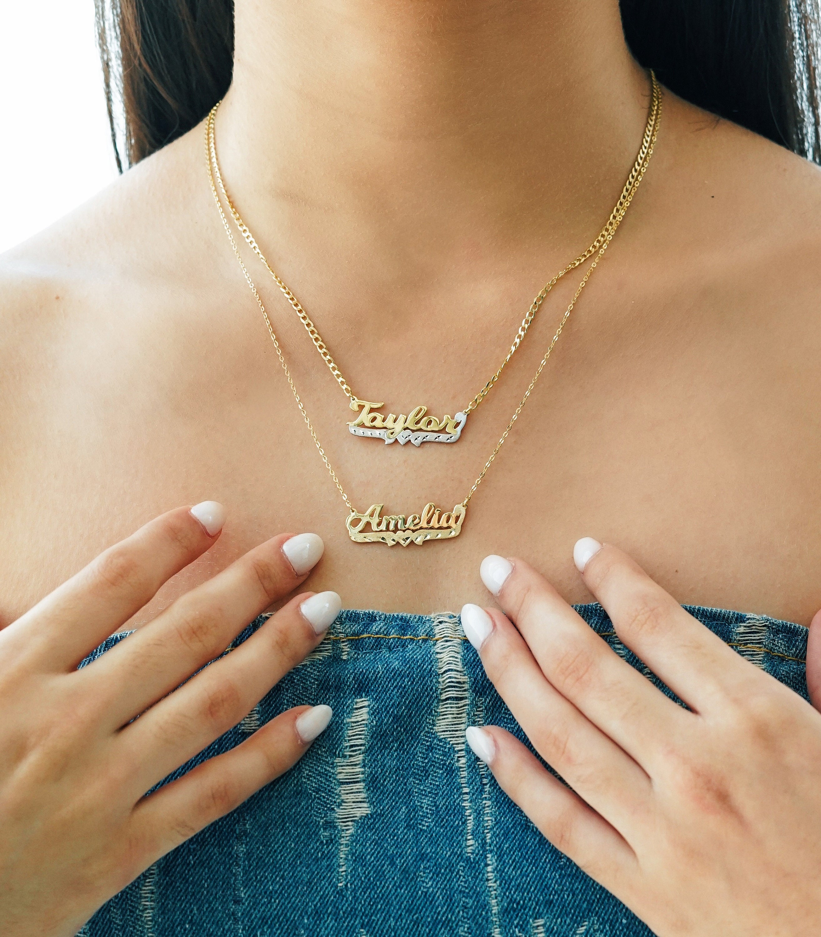Diamond Cut Heart Nameplate Necklace • Script Name Pendant • Gold Plated or Sterling Silver • Personalized Jewelry Gift for Her