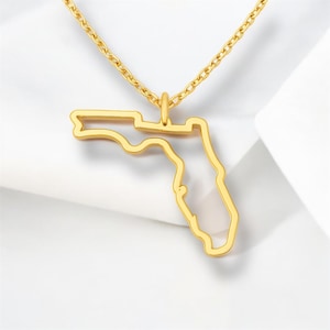 Könnte beinhalten: Eine goldfarbene Halskette mit einem Anhänger in Form des Bundesstaates Florida. Der Anhänger ist eine detaillierte Umrisszeichnung des Staates, die an einer zarten Goldkette hängt. Die Halskette wird vor einem weißen Hintergrund gezeigt.