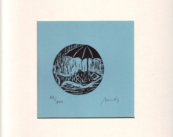 Xilografía de pez con paraguas