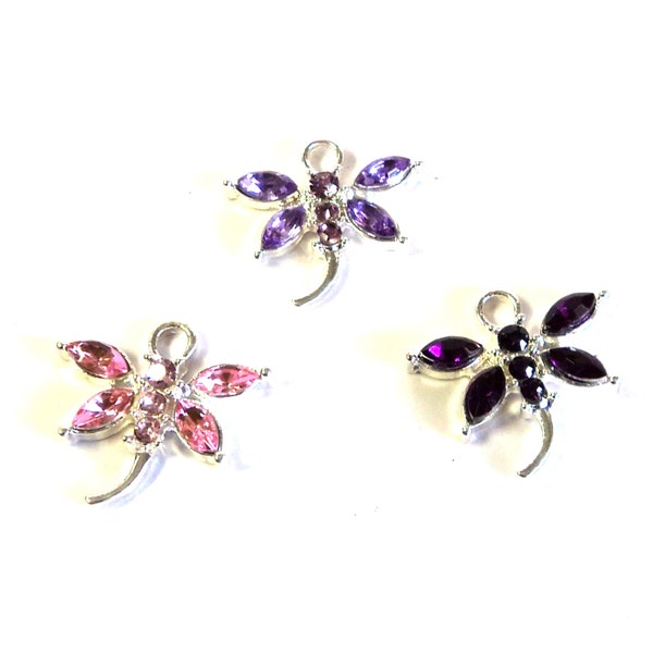 3 Butterfly Charms, Butterfly Drops, Silver Charms with Rhinestones,Purple & Pink,  3/4" Charms, Jewelry Supplies, Findings