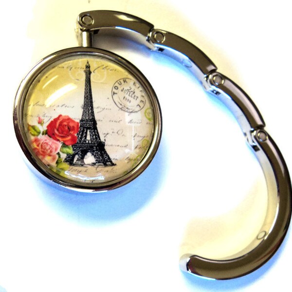 Portable Purse Hook Hanger, Eiffel Tower Roses, Red Pink Yellow Black,  Handmade, Gift for Her