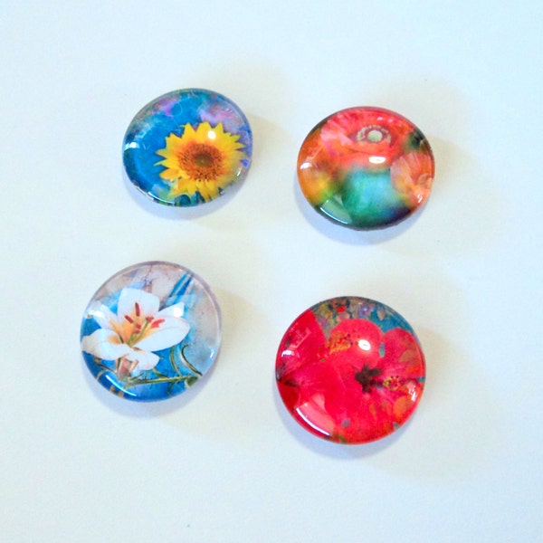 Magnets 4 Round 1 Inch Spring Bright Colorful Flowers Sunflower Poppies