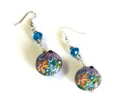 ON SALE Earrings Silver Teal Green Flowers lampwork with Crystals 2 1/2 Inch