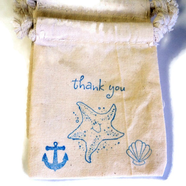 6 Muslin Bags, Blue  Starfish Beach Themed, Nautical, Gift Bags, Packaging, 3x4 Inches, Hand Stamped, Party Favor Bags