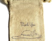 6 Muslin Bags, Blue  Hat and Thank You, Gift Bags, Packaging, 4x4 Inches, Hand Stamped, Party Favor Bags