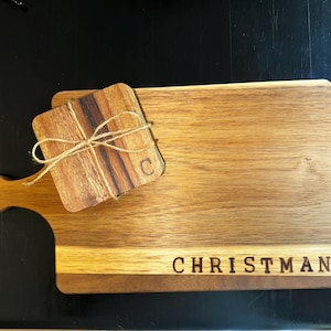 Personalized Wood Cutting Board & Coaster Set – Custom Name Charcuterie Board, Rustic Kitchen Decor, Housewarming or Wedding Gift