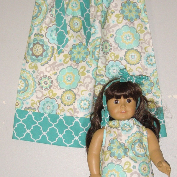 Doll and me SALE 10% off code is tiljan dresses  teal gray floral Pillowcase dress   size  12 months , 2t, 3t, 4t, 5t. 6.7.8.10.12