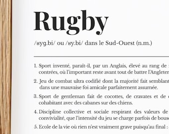 Może przedstawiać: Strona z książki z napisem "Rugby" dużymi, pogrubionymi czarnymi literami. Poniższy tekst definiuje rugby po francusku, z ponumerowanymi punktami opisującymi jego cechy. Tło jest drewniane.