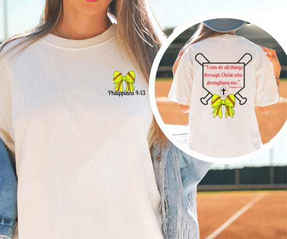 Comfort Colors Softball Scripture T-Shirt, Jesus T-shirt, Inspirational Christian T-Shirt, Philippians 413, I can do all through Christ tee