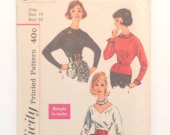 Simplicity 3625 Size 14 Vintage 1960s Misses Blouse Sewing Pattern