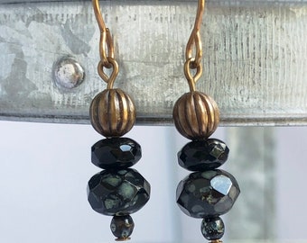 black. modern. Czech glass bead jewelry. natural brass ooak handmade dangle earrings by CURRICULUM