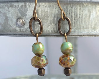 pale green. brown. Czech glass bead jewelry. natural brass ooak handmade dangle earrings by CURRICULUM