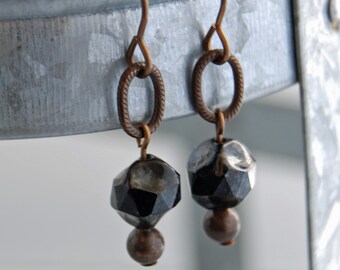 black. simple. modern. Czech glass bead jewelry. natural brass ooak handmade dangle earrings by CURRICULUM