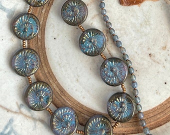 long. blue. Czech glass bead jewelry. fossil. natural brass ooak handmade necklace by CURRICULUM