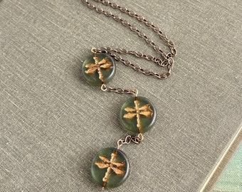 dragonfly. green. modern. Czech glass bead jewelry. natural brass ooak handmade necklace by CURRICULUM