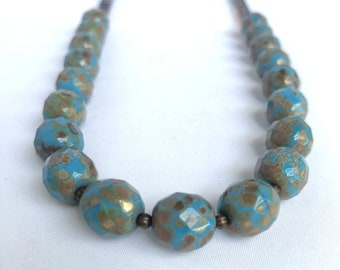 chunky. modern. blue Czech glass bead jewelry. natural brass ooak handmade necklace by CURRICULUM
