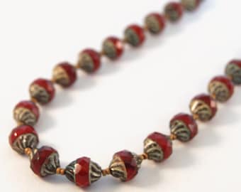 Ruby red. Czech glass bead jewelry. natural brass ooak handmade necklace by CURRICULUM