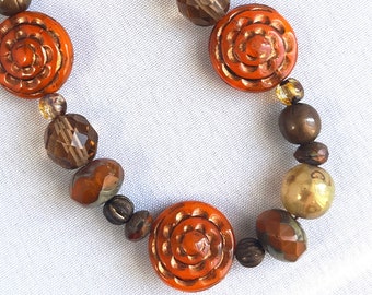 orange and brown. Czech glass bead jewelry. boho ooak handmade necklace by CURRICULUM