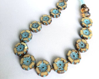 blue. flower. Czech glass bead jewelry. natural brass ooak handmade necklace by CURRICULUM
