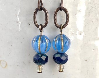 blue. Czech glass bead jewelry. natural brass handmade ooak dangle and drop earring by CURRICULUM