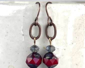 red and blue. Czech glass bead jewelry. ooak handmade dangle and drop earrings by CURRICULUM