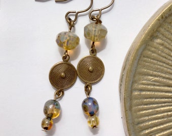 boho. honey yellow. Czech glass bead jewelry. natural brass ooak handmade dangle earrings by CURRICULUM