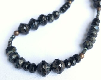 black. Czech glass bead jewelry. natural brass ooak handmade necklace by CURRICULUM