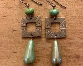 funky. modern. long. green. square. Czech glass bead jewelry. natural brass ooak handmade dangle earrings by CURRICULUM