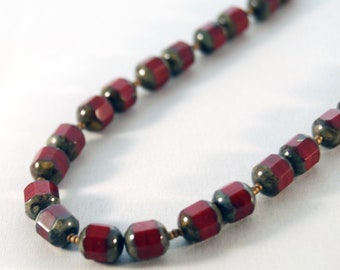 brick red. modern. Czech glass bead jewelry. natural brass ooak handmade necklace by CURRICULUM