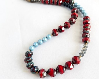 modern. red and blue. color block. Czech glass bead jewelry. natural brass ooak handmade necklace by CURRICULUM
