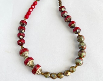 red. Czech glass bead jewelry. color block. natural brass ooak handmade necklace by CURRICULUM