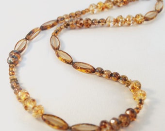 yellow. brown. Czech glass bead jewelry. natural brass ooak handmade long necklace by CURRICULUM