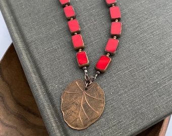 leaf pendant. red. simple. Czech glass bead jewelry. natural brass ooak handmade necklace by CURRICULUM