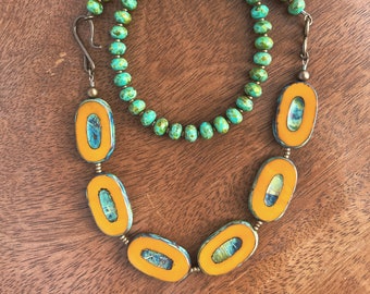 mustard yellow. green. Czech glass bead jewelry. natural brass ooak handmade necklace by CURRICULUM