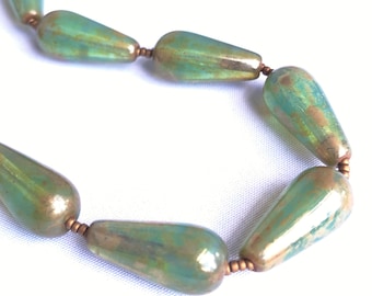 modern. green. Czech glass bead jewelry. long. natural brass ooak handmade necklace by CURRICULUM