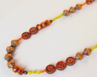 boho. artsy. autumn. handmade. orange and avocado. Czech glass bead jewelry. long handmade ooak necklace by CURRICULUM