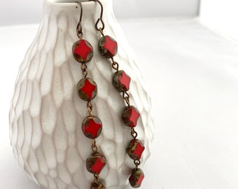 long. red. modern. Czech glass bead jewelry. natural brass ooak handmade dangle earrings by CURRICULUM