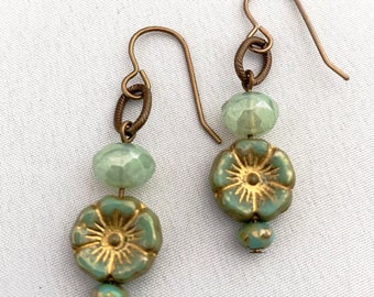 green. flower. Czech glass bead jewelry. natural brass handmade ooak dangle earrings by CURRICULUM