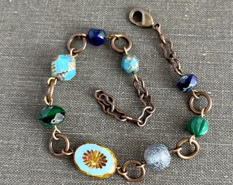 blue. green. Czech glass bead jewelry. adjustable ooak handmade brass bracelet by CURRICULUM