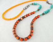 Bold Bright Colorful orange aqua and yellow Czech glass necklace by CURRICULUM