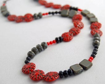 funky. red and black. Czech glass bead jewelry. natural brass ooak handmade necklace by CURRICULUM