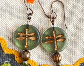 dragonfly. green. Czech glass bead jewelry. natural brass ooak handmade dangle earrings by CURRICULUM